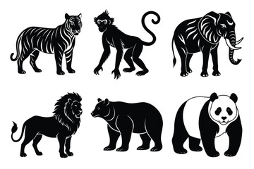 Wildlife animal silhouettes set isolated on white background