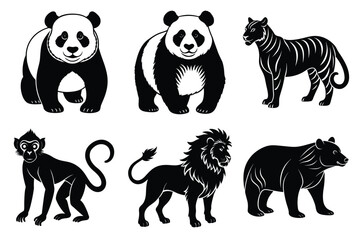 Wildlife animal silhouettes set isolated on white background