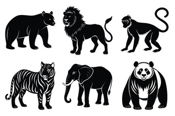 Wildlife animal silhouettes set isolated on white background