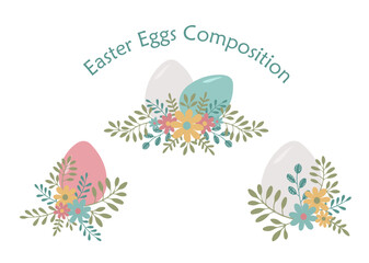 Set of Easter egg compositions with flowers