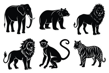 Wildlife animal silhouettes set isolated on white background