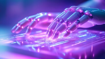 robotic hands on neon tech surface - neon colors
