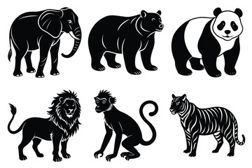 Wildlife animal silhouettes set isolated on white background