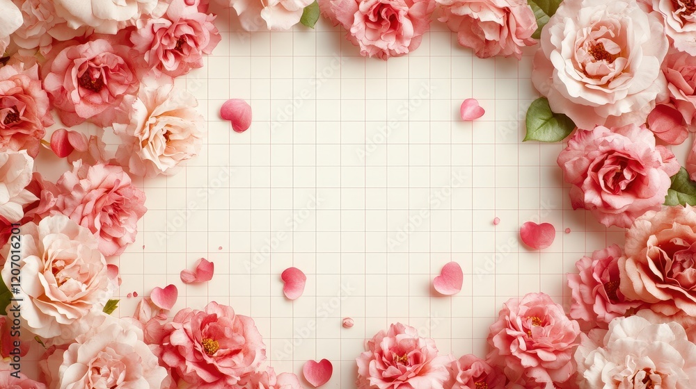 Poster delicate pink roses surrounding empty notebook space for creative notes or beautiful messages