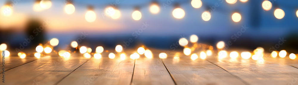 Poster a serene setting with glowing lights on a wooden table, perfect for creating a warm and inviting atm