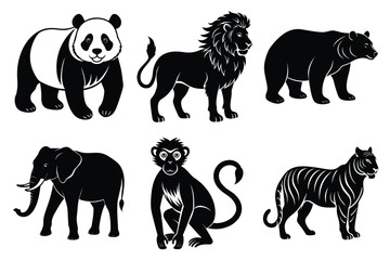 Wildlife animal silhouettes set isolated on white background