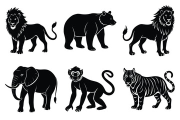 Wildlife animal silhouettes set isolated on white background