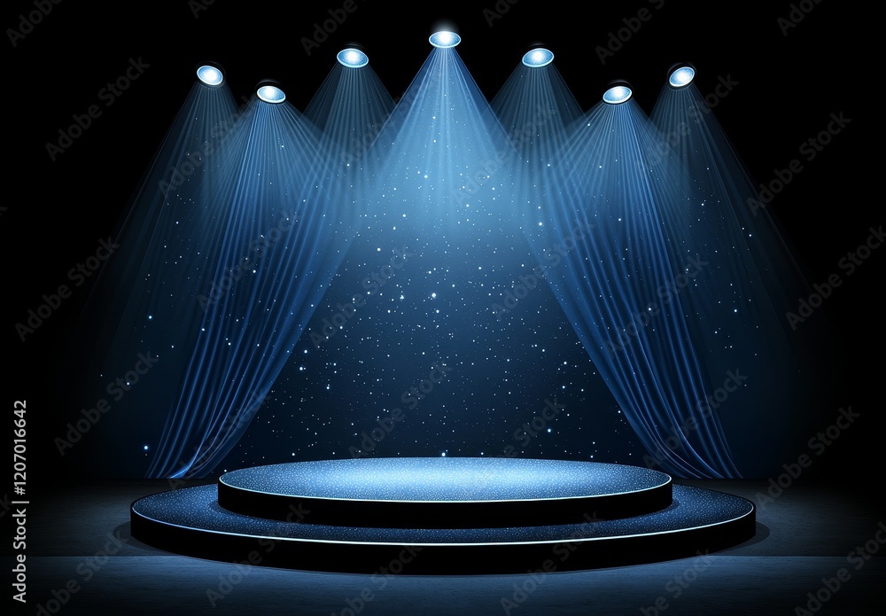 Aufkleber illuminated stage with blue spotlights and circular platform.