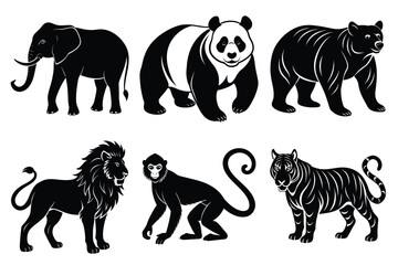 Wildlife animal silhouettes set isolated on white background