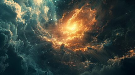 Fototapeta premium Cosmic swirl of vibrant colors above an ethereal planet in space. Generative AI