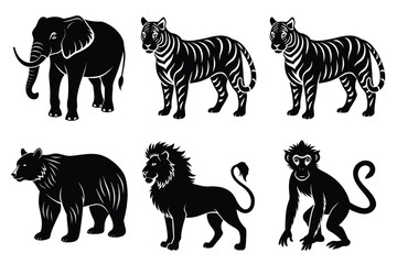 Wildlife animal silhouettes set isolated on white background