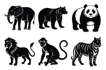 Wildlife animal silhouettes set isolated on white background