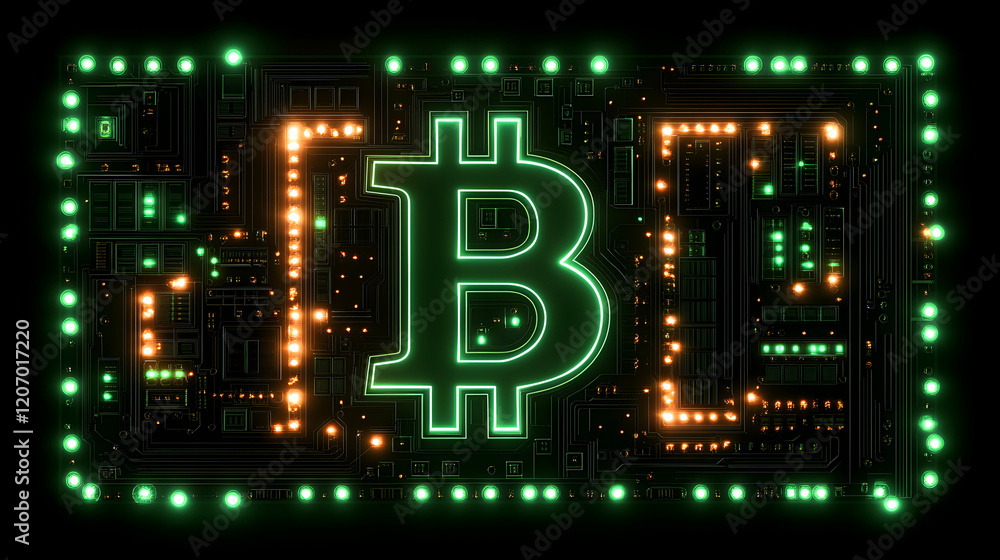 Poster a vibrant representation of digital currency with a glowing bitcoin symbol displayed against a circu