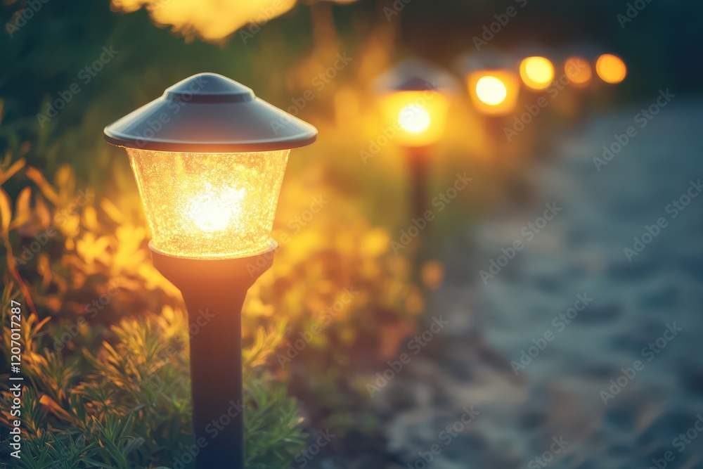 Aufkleber Stunning Evening Scene of Pathway Lights Glowing Softly in Garden Setting with Bokeh Effect Creating a Warm and Inviting Atmosphere at Dusk