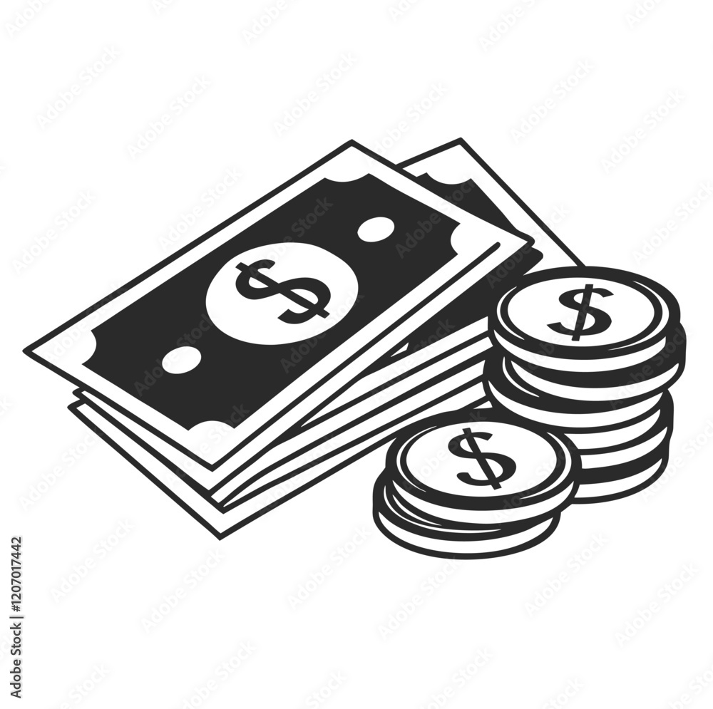 Poster a monochrome stack of dollar coins and bills with a dollar sign on it as a money icon. image vector 