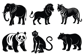 Wildlife animal silhouettes set isolated on white background