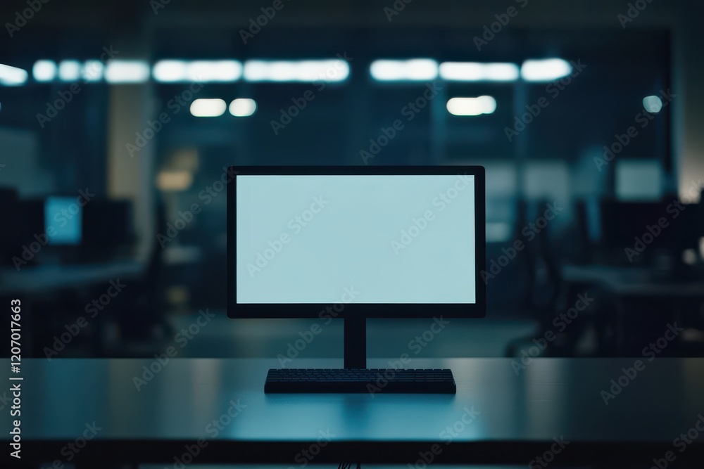 Poster empty computer monitor on dark desk in modern office setting, suitable for technology, productivity,