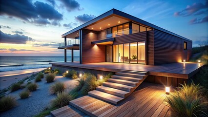 Obraz premium Modern Minimalist Wooden Beach House Night Photography - Steps & Walkway