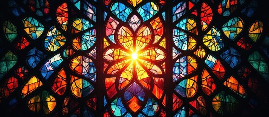 Vibrant Stained Glass Window Illuminated by Sunlight in a Church Setting with Intricate Patterns and Rich Colors