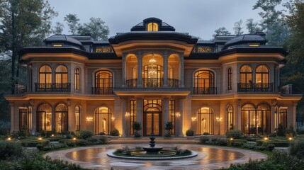 Fototapeta premium Grand Mansion at Dusk: Architectural Marvel in Serene Forest Setting
