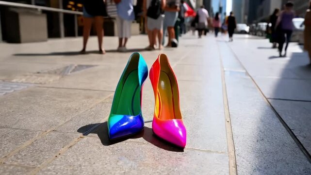 Two different colors high heels left in the city street among the people crowd.