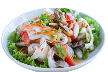 Thai Spicy Seafood Salad on white background with clipping path