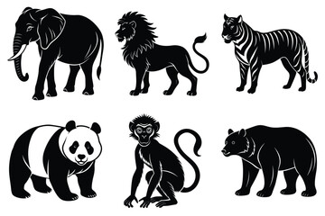 Wildlife animal silhouettes set isolated on white background