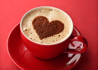 Fototapeta premium Romantic Cappuccino Heart Red Cup on Red Background - Perfect for Valentine's Day Ads and Coffee Shop Promotions