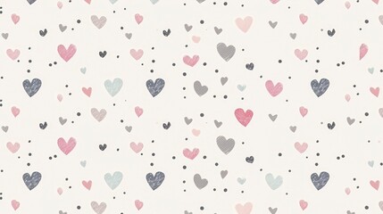Cute Seamless Pattern of Pink, Gray, and Blue Hearts with Black Dots
