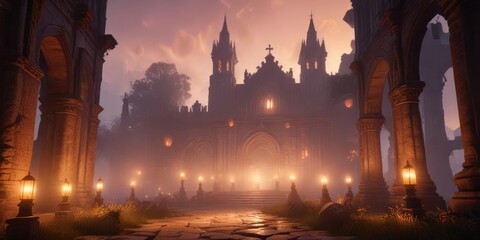 Fototapeta premium Ancient cathedral with glowing lanterns and misty surroundings at sunset, mysterious, sacred