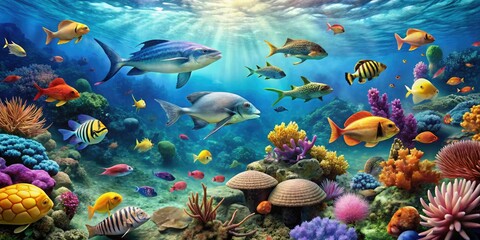 An underwater scene featuring a diverse array of ocean creatures, marine life, marine wildlife