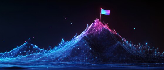 Abstract low-poly mountain with a flag on top, glowing blue and purple lines, and a dark background.