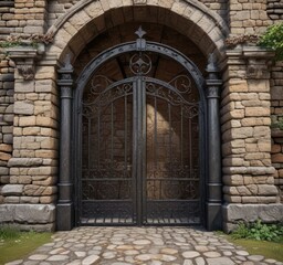 Ancient stone archway with iron gate entrance, landscape, ancient structures