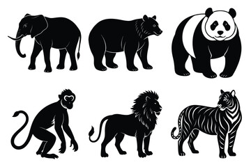 Wildlife animal silhouettes set isolated on white background