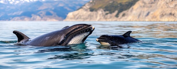 Whale in the ocean concept. A majestic whale swimming alongside its playful calf in tranquil waters.