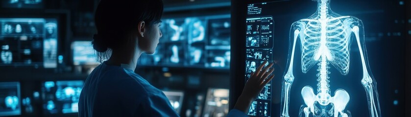 Medical Professional Analyzing Digital X-Ray Images on Advanced Touchscreen Display in Modern Healthcare Facility
