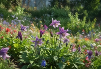 Obraz premium Aquilegia flowers swaying gently amidst a bed of lush greenery and colorful wildflowers, flowers, blooming, wildflowers