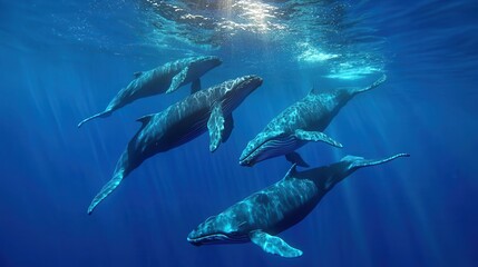 Obraz premium Whale in the ocean concept. Four majestic whales swimming gracefully in clear blue ocean waters.