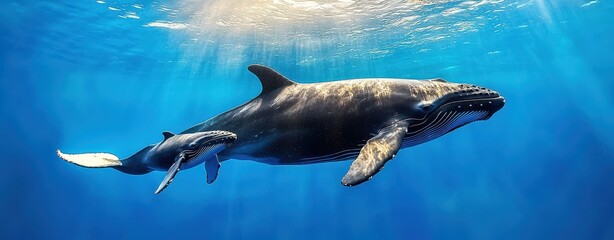 Fototapeta premium Whale in the ocean concept. Majestic whale swimming gracefully through the clear blue ocean waters.