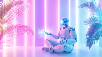 Fototapeta premium meditative robot in neon tropical scene - neon lighting