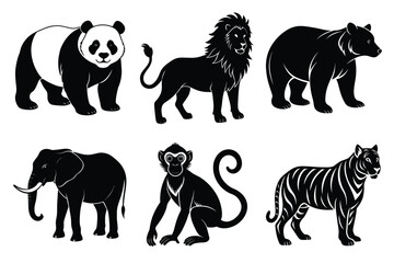 Wildlife animal silhouettes set isolated on white background