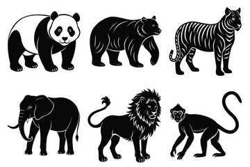 Wildlife animal silhouettes set isolated on white background