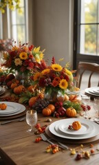 Autumn-themed centerpieces on a long dining table with seasonal flowers and leaves, autumn theme, cozy atmosphere, natural elements