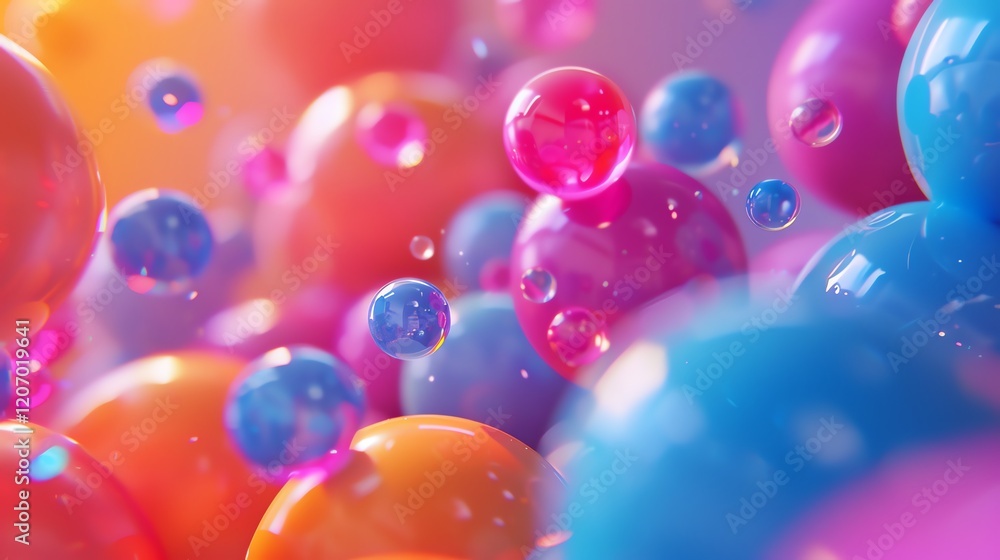 Poster 3d rendering of a colorful abstract background with floating glossy spheres.