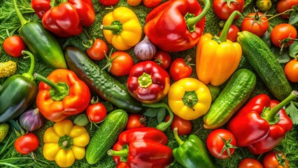 Summer Vegetable Harvest: Fresh Peppers, Cucumbers & Tomatoes in Garden