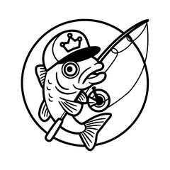 Fishing Cartoon Fish with Rod Illustration