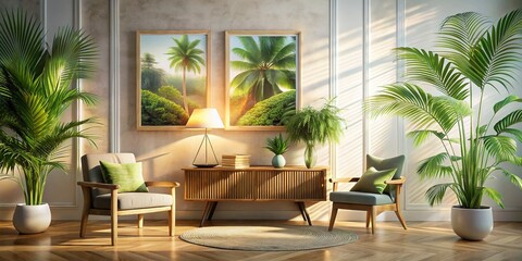 Sunlit Room Interior with Tropical Plant, Double Exposure Poster Frame - Stock Photo