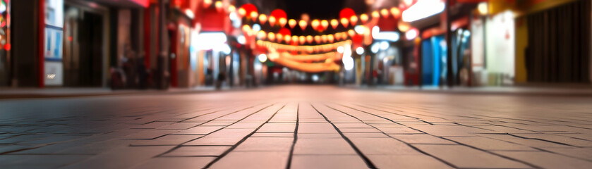 Fototapeta premium A vibrant street scene illuminated by lanterns, showcasing the charm and culture of an evening market in a bustling city.