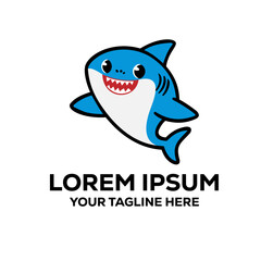 Fototapeta premium Cute cartoon shark with large head and round eyes smiling happily, featuring blue and white colors