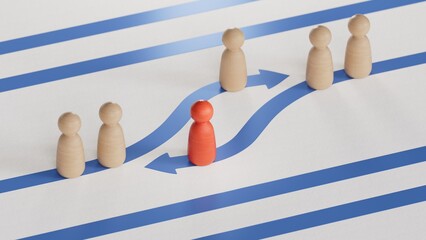 Obraz premium Red and white pawns with golden arrows. Employee swap or turnover concept.Leadership with business success concept.3D rendering on white background.